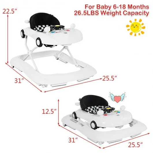 2-in-1 Foldable Baby Walker with Music Player & Lights-White