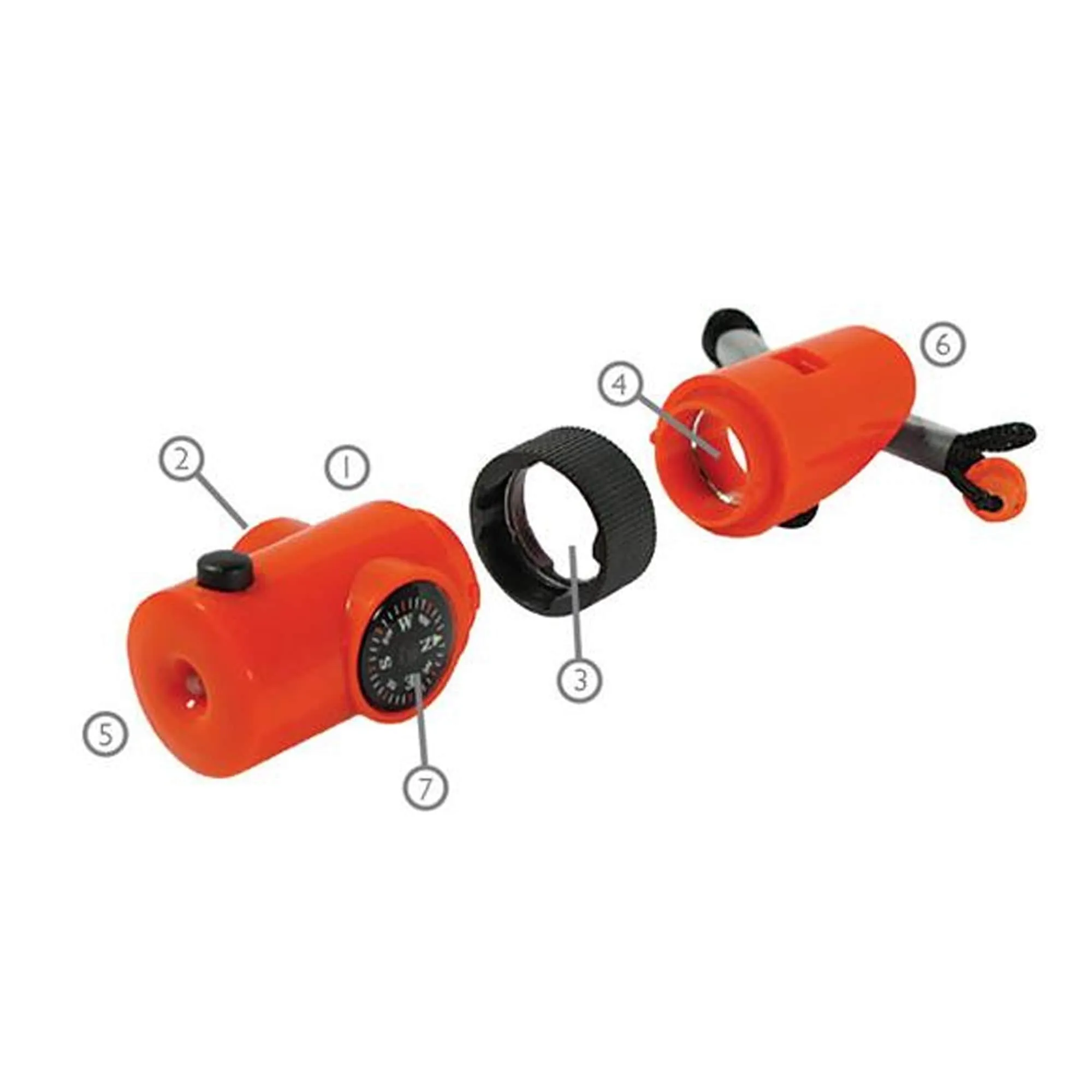 7-IN-1 Survival Whistle with LED Flashlight : Orange Color