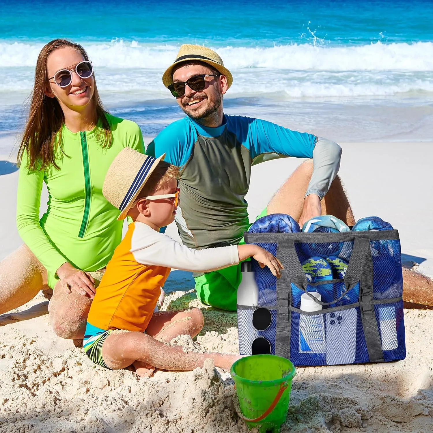 Beach Bag - Mesh Beach Bag Large 8 Pockets, Beach Tote Bag Beach Essentials for Vacation Must Haves