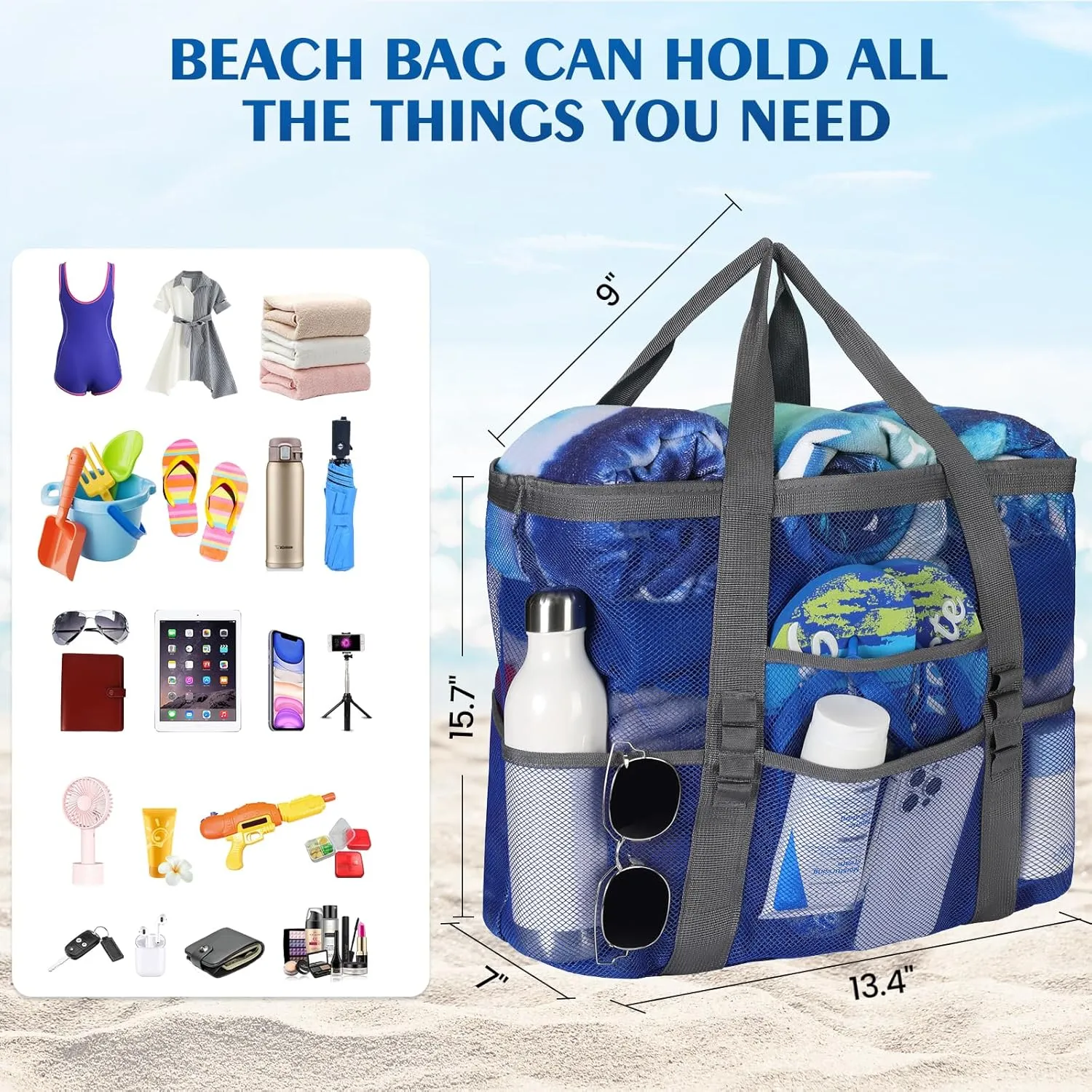 Beach Bag - Mesh Beach Bag Large 8 Pockets, Beach Tote Bag Beach Essentials for Vacation Must Haves