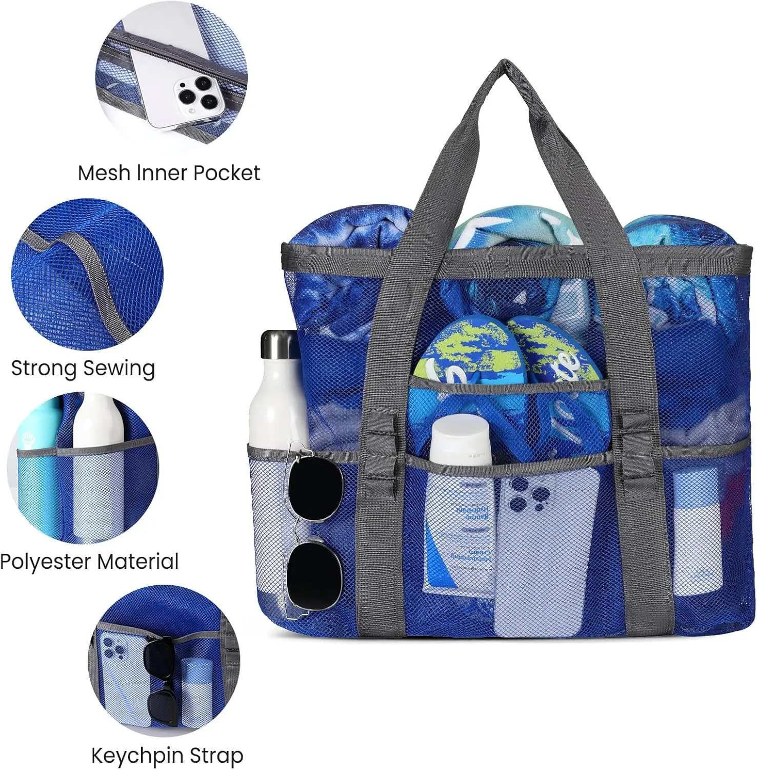 Beach Bag - Mesh Beach Bag Large 8 Pockets, Beach Tote Bag Beach Essentials for Vacation Must Haves