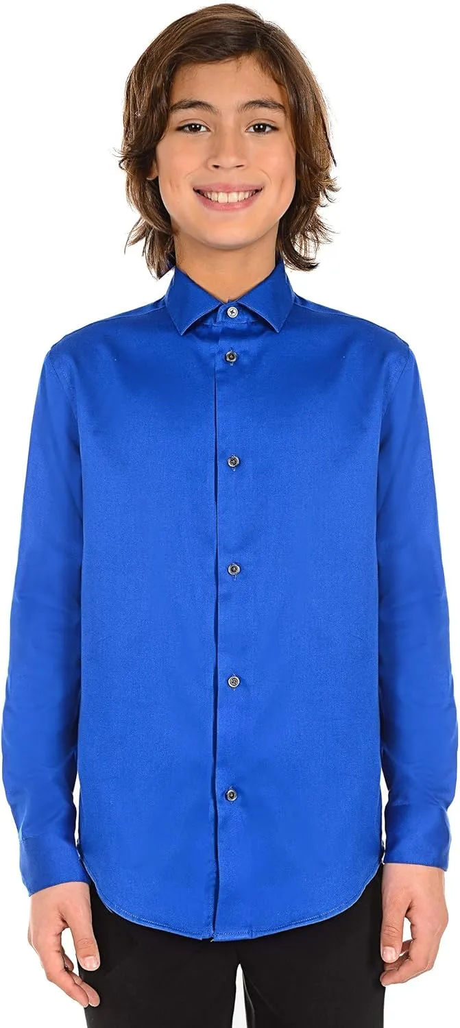 Calvin Klein Boys' Long Sleeve Sateen Dress Shirt, Button-Down Style with Cuffs & Shirttail Hem