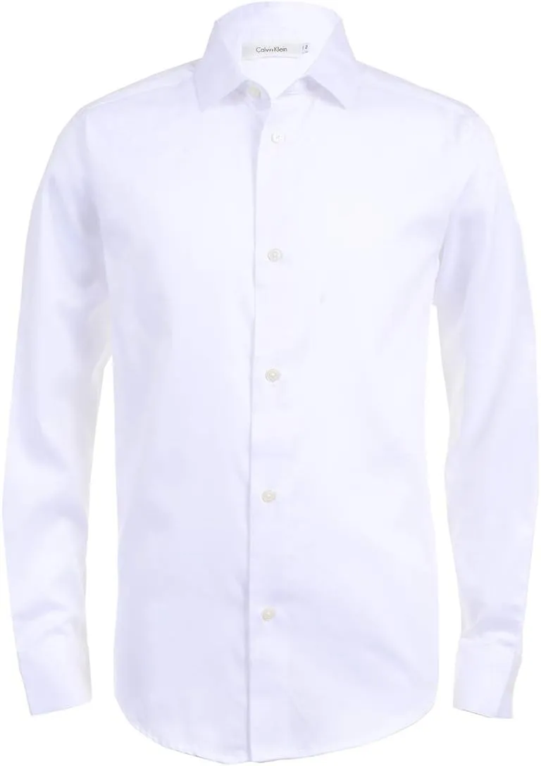 Calvin Klein Boys' Long Sleeve Sateen Dress Shirt, Button-Down Style with Cuffs & Shirttail Hem