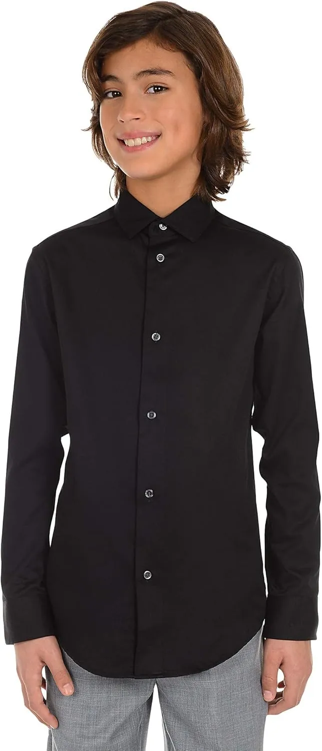 Calvin Klein Boys' Long Sleeve Sateen Dress Shirt, Button-Down Style with Cuffs & Shirttail Hem