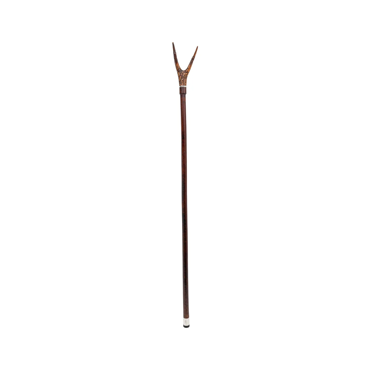 Double Horned Carved Mahogany Walking Stick