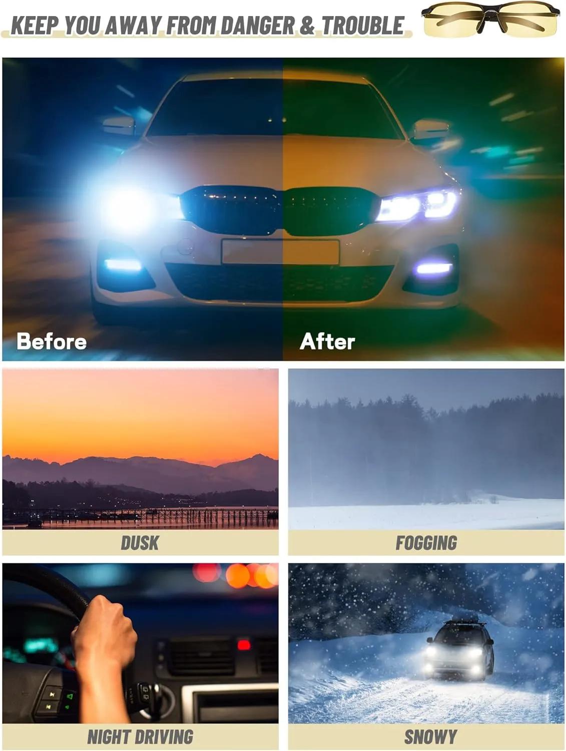 Flutesan 4 Pieces Night Driving Glasses Polarized Walking Glasses Anti Glare Driving Sunglasses for Men UV Protection