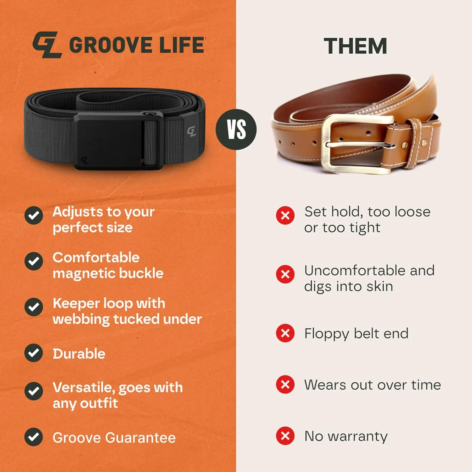 Groove Life Groove Belt Ultra - Men's Stretch Nylon Belt with Magnetic Polymer Buckle, Lightweight, Machine Washable
