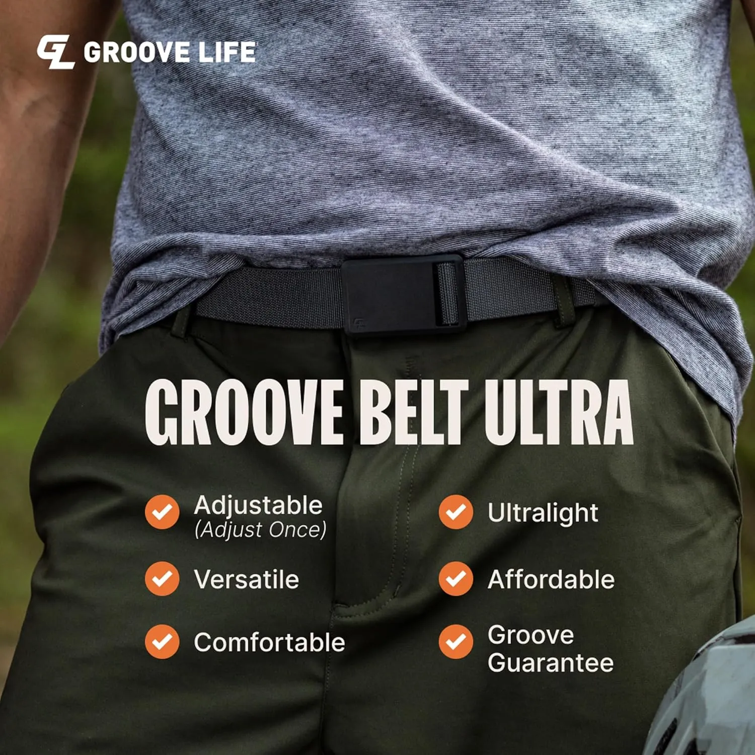 Groove Life Groove Belt Ultra - Men's Stretch Nylon Belt with Magnetic Polymer Buckle, Lightweight, Machine Washable