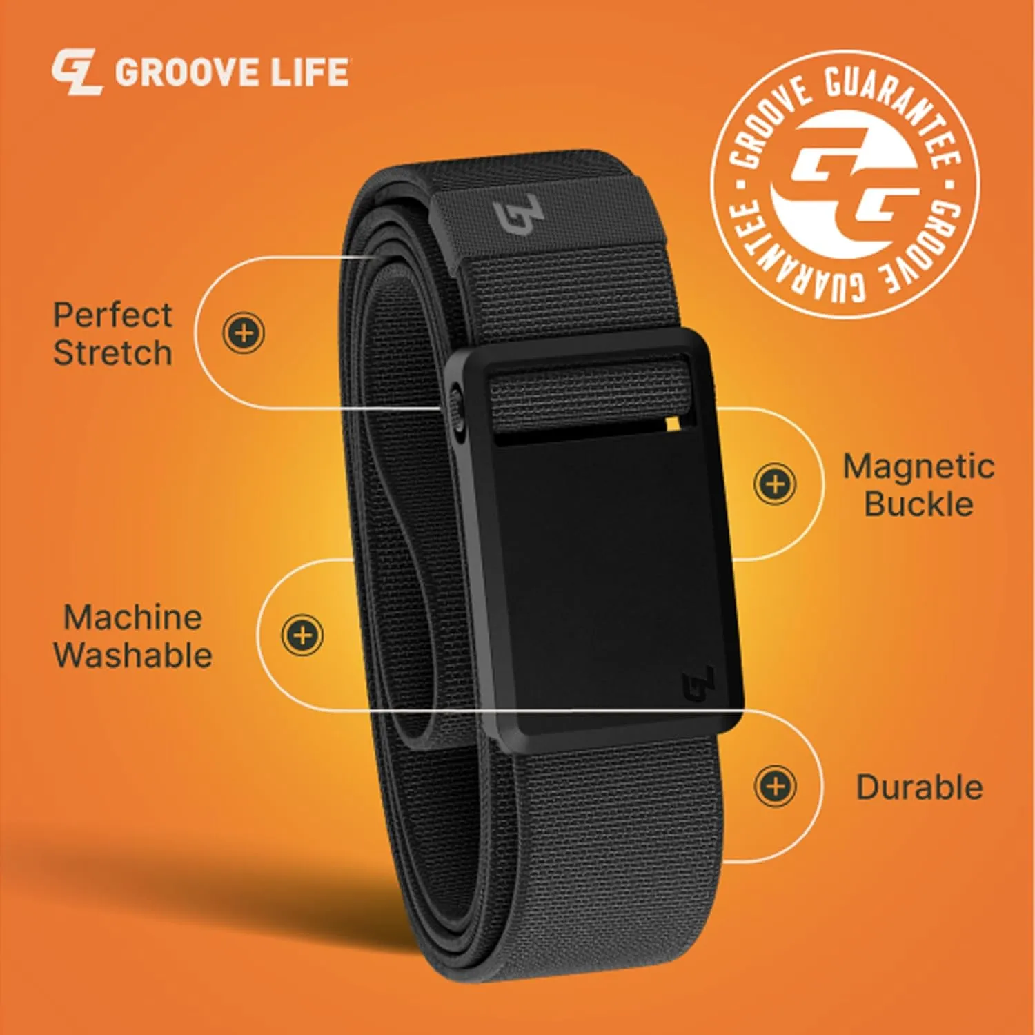 Groove Life Groove Belt Ultra - Men's Stretch Nylon Belt with Magnetic Polymer Buckle, Lightweight, Machine Washable