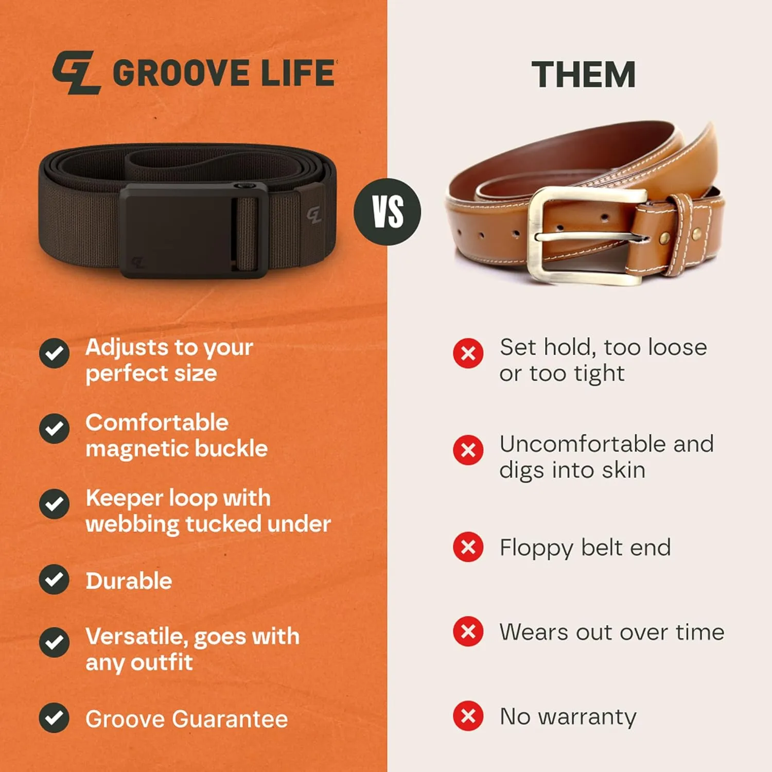 Groove Life Groove Belt Ultra - Men's Stretch Nylon Belt with Magnetic Polymer Buckle, Lightweight, Machine Washable