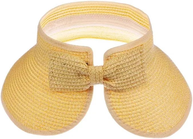 Kids Summer Roll Up Sun Visor Hat Wide Brim Straw Teens Beach Hat Cap Sun Hats with Bow for Girls