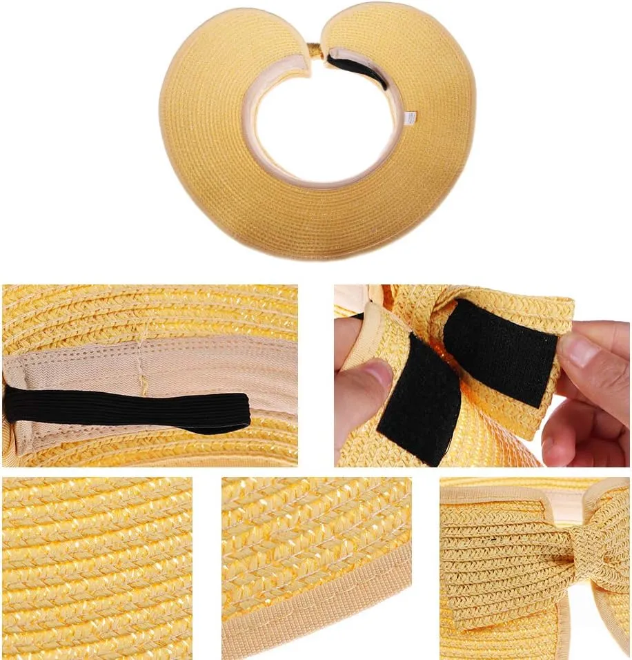 Kids Summer Roll Up Sun Visor Hat Wide Brim Straw Teens Beach Hat Cap Sun Hats with Bow for Girls