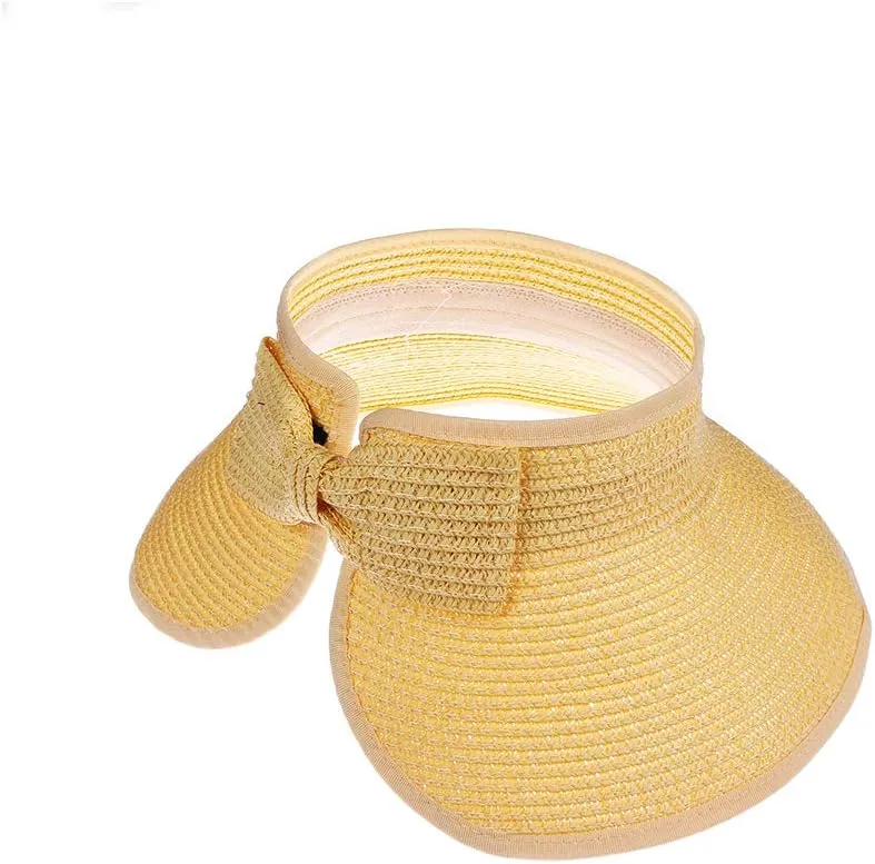 Kids Summer Roll Up Sun Visor Hat Wide Brim Straw Teens Beach Hat Cap Sun Hats with Bow for Girls