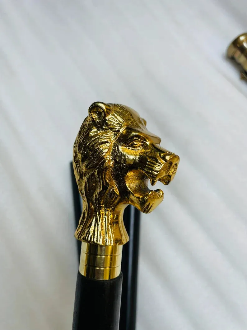 Lion Head Handle Vintage Wooden Walking Stick Cane