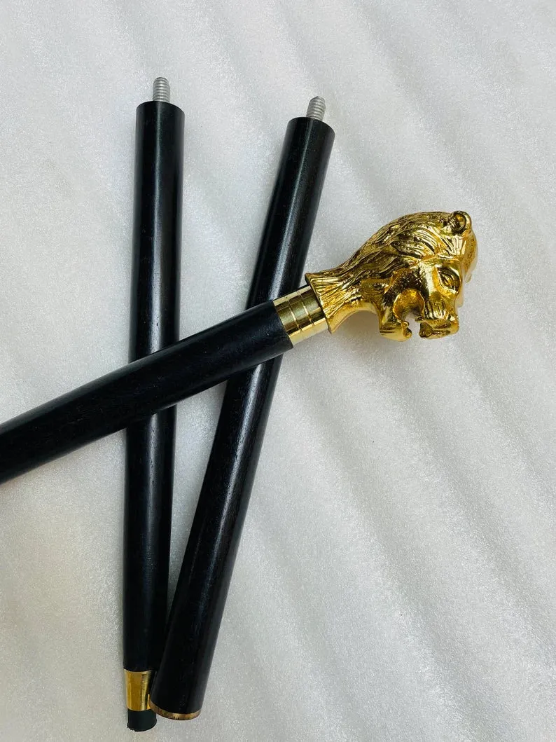 Lion Head Handle Vintage Wooden Walking Stick Cane