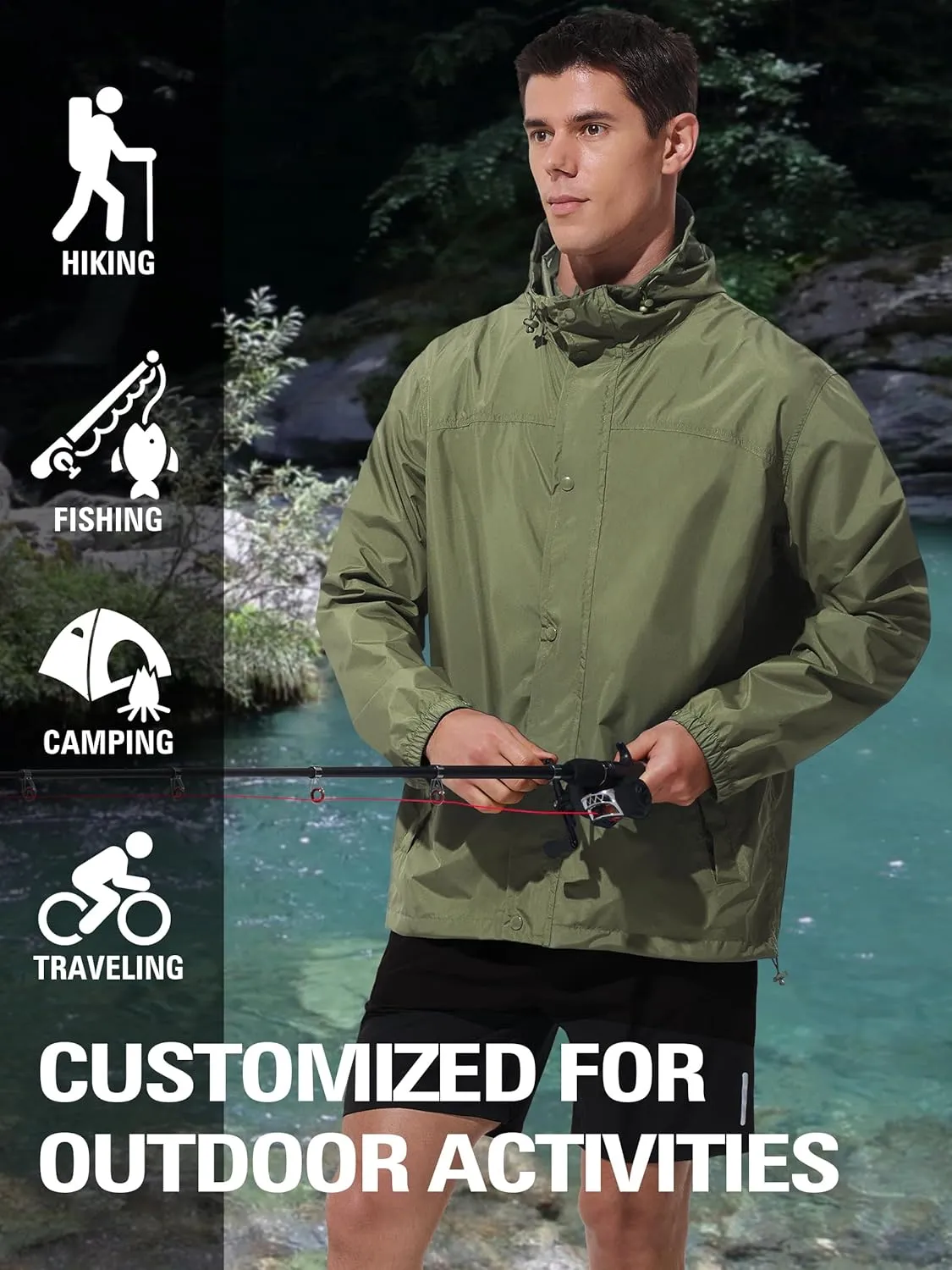 Mens Lightweight Rain Jacket Waterproof Windbreaker Packable Rain Coat with Hood for Golf Running Hiking Travel