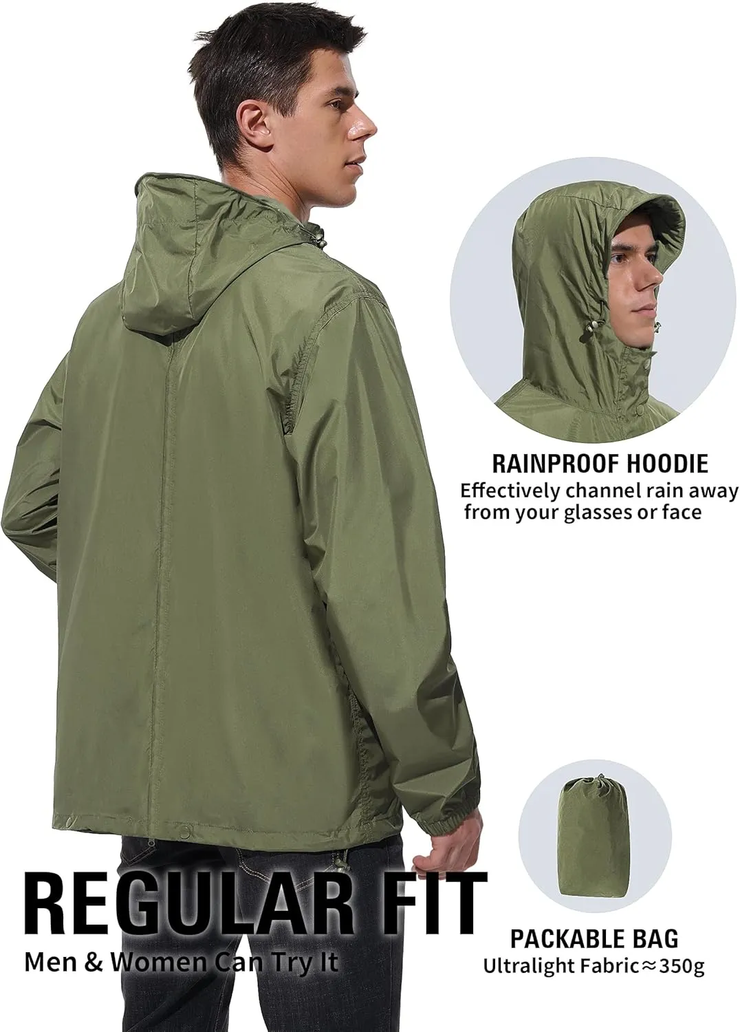 Mens Lightweight Rain Jacket Waterproof Windbreaker Packable Rain Coat with Hood for Golf Running Hiking Travel