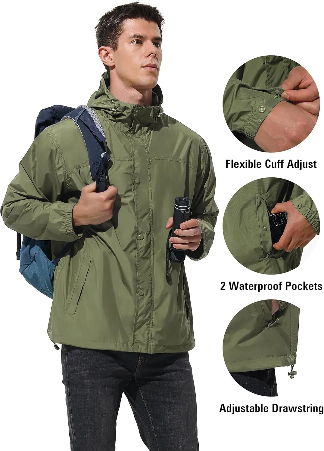 Mens Lightweight Rain Jacket Waterproof Windbreaker Packable Rain Coat with Hood for Golf Running Hiking Travel