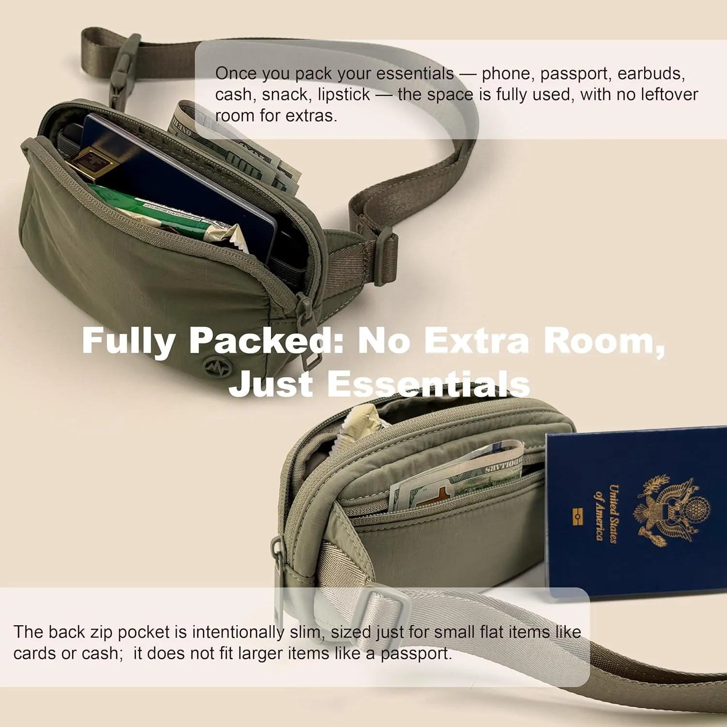 Pander Mini Belt Bag ?C Ultra Compact, Fits 6.7?? Phone, Lipstick, Earbuds, Essentials, Small Crossbody Waist Purse, Grey Sage
