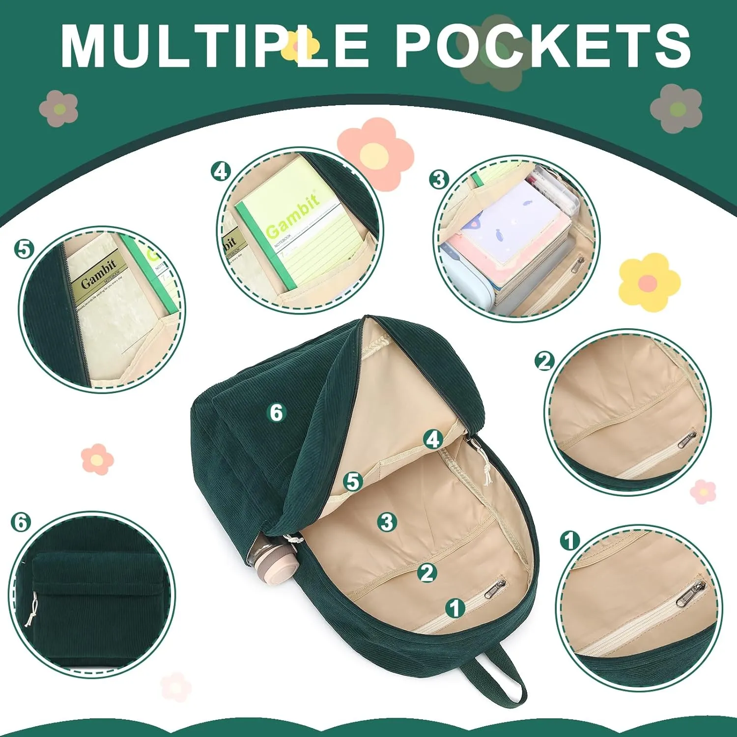 School Backpack for Teen Girls Bookbags Elementary High School Corduroy Laptop Bags Women Travel Daypacks