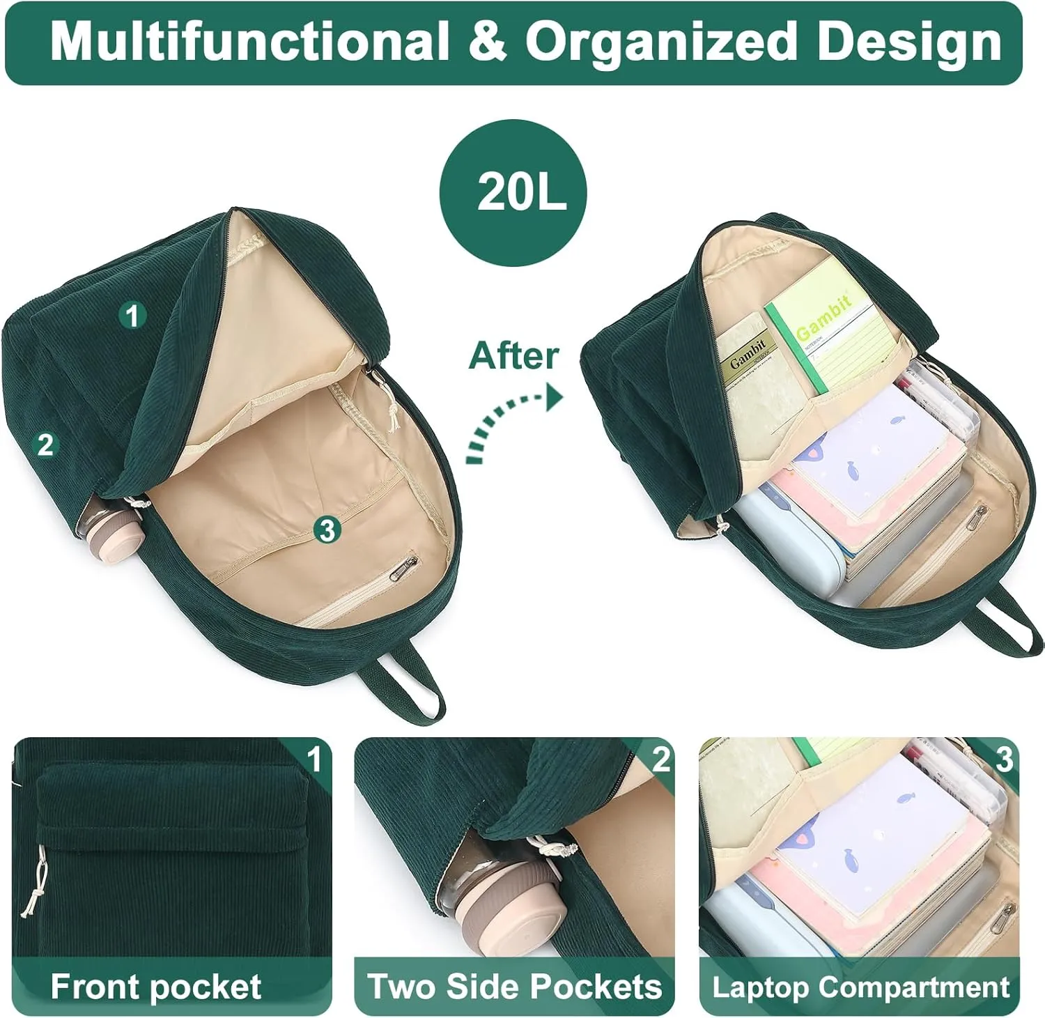 School Backpack for Teen Girls Bookbags Elementary High School Corduroy Laptop Bags Women Travel Daypacks