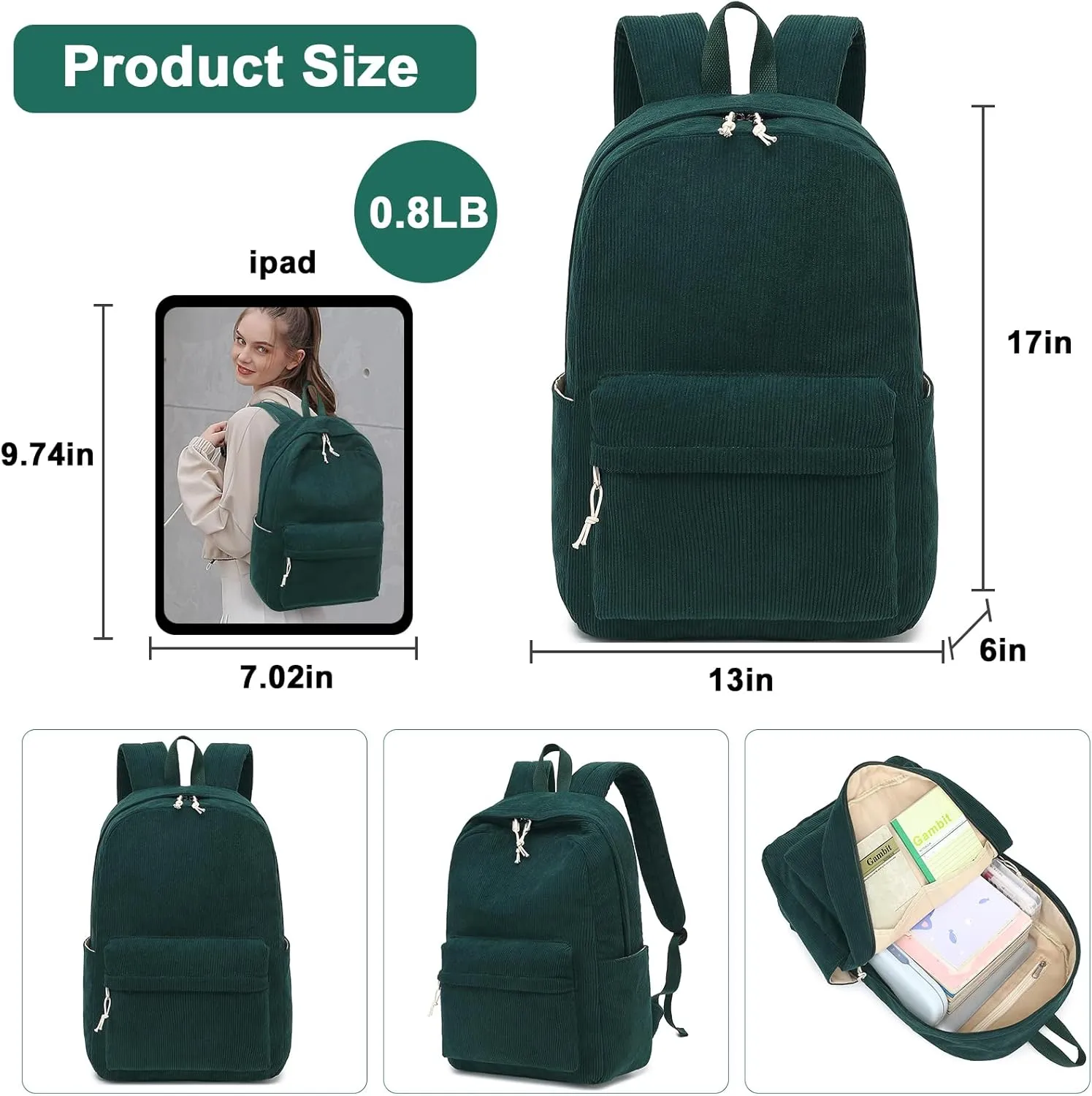 School Backpack for Teen Girls Bookbags Elementary High School Corduroy Laptop Bags Women Travel Daypacks