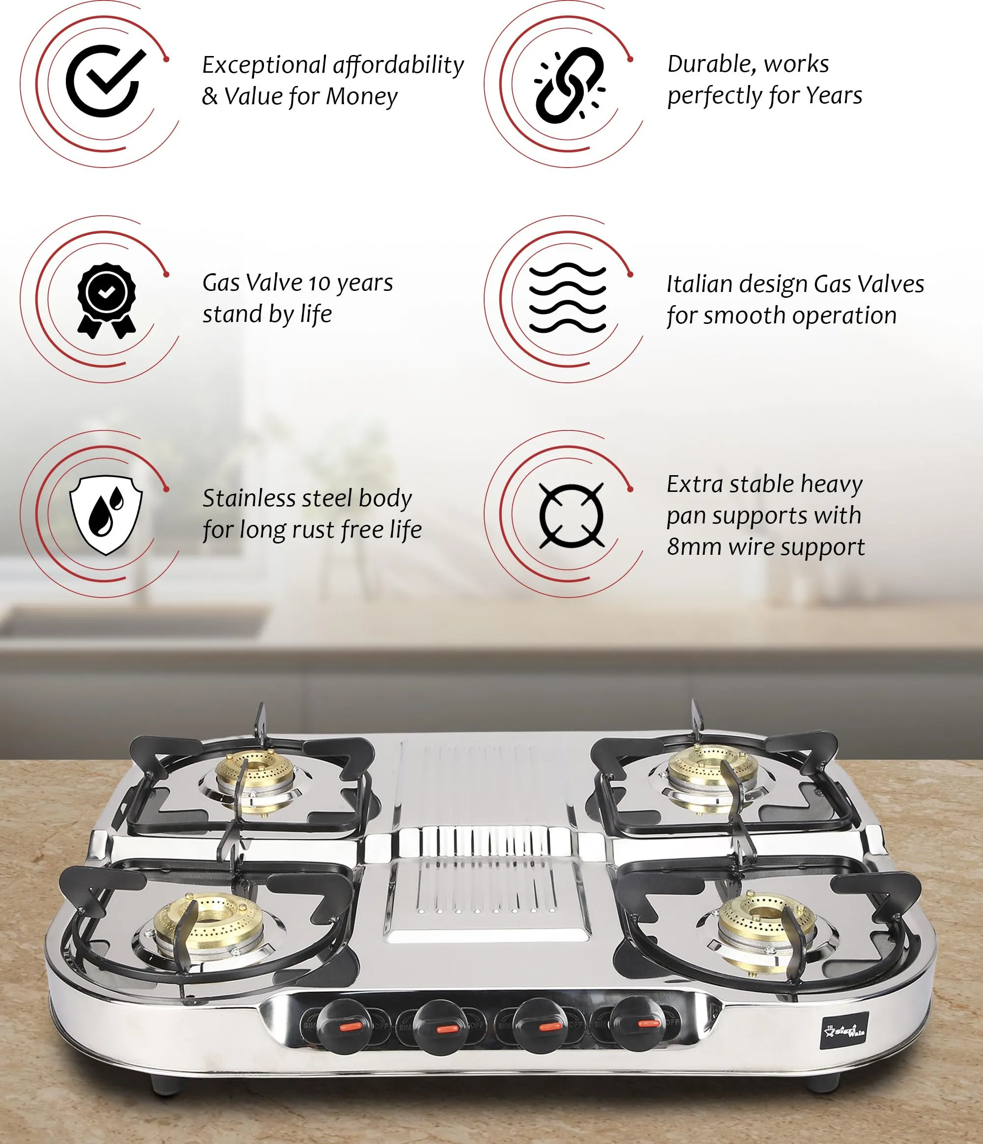 Sigri-wala Classis Double Decker Stainless Steel Manual Gas Stove (4 Burners)