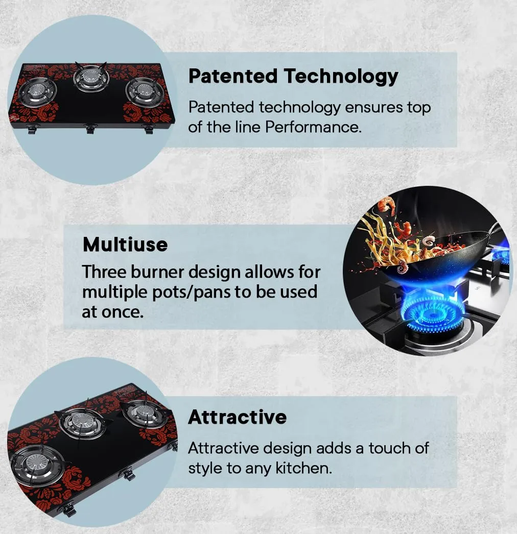 Sigri-wala ISI Certified Red Design Tornado Burner Glass Automatic Gas Stove (3 Burners)