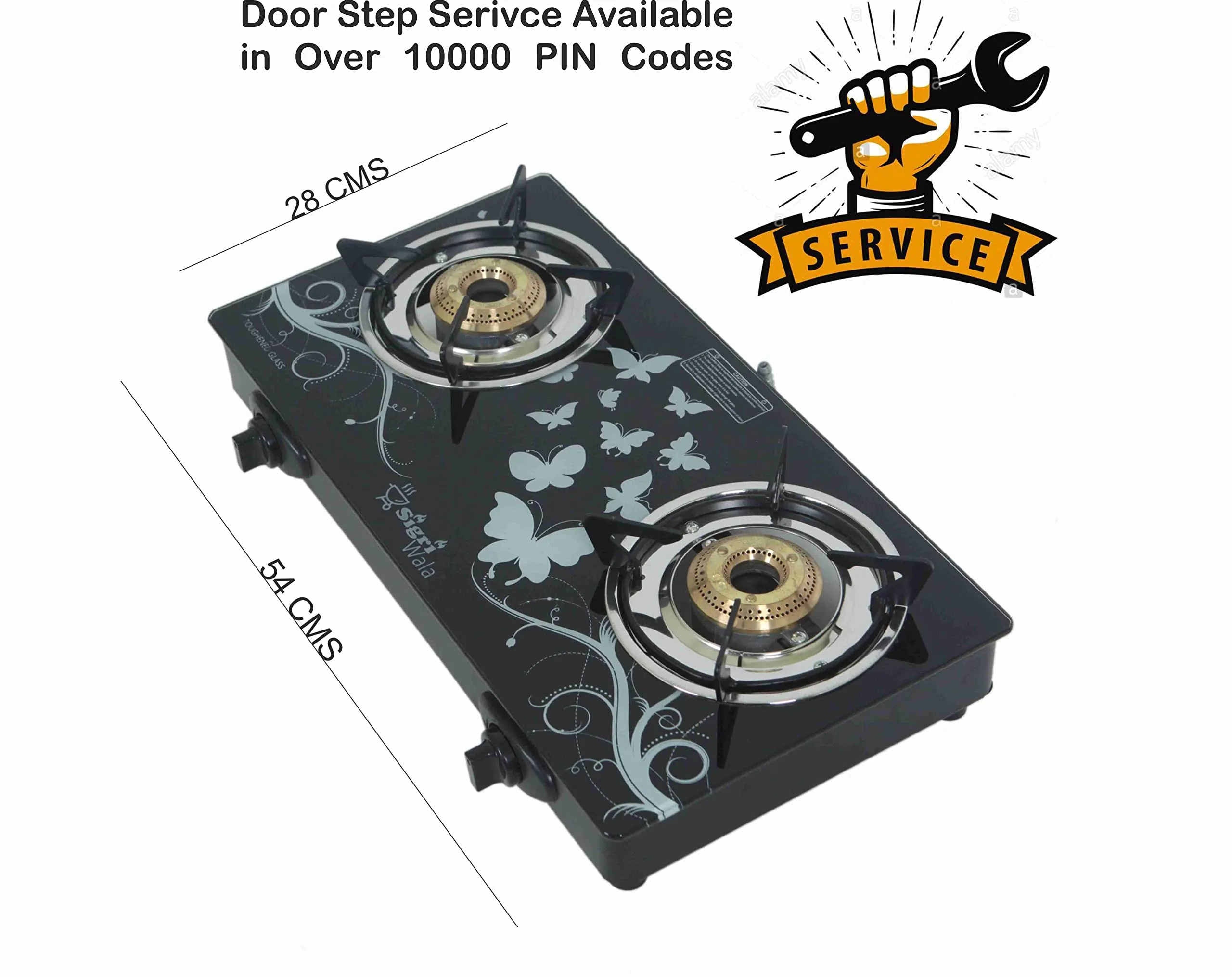 SigriWala Gas Stove 2 Burner, Auto Ignition, Thermal Tempered Glass Cooktop, LPG Compatible, Designer (ISI Certified, Door Step Service, 300 Days Warranty)