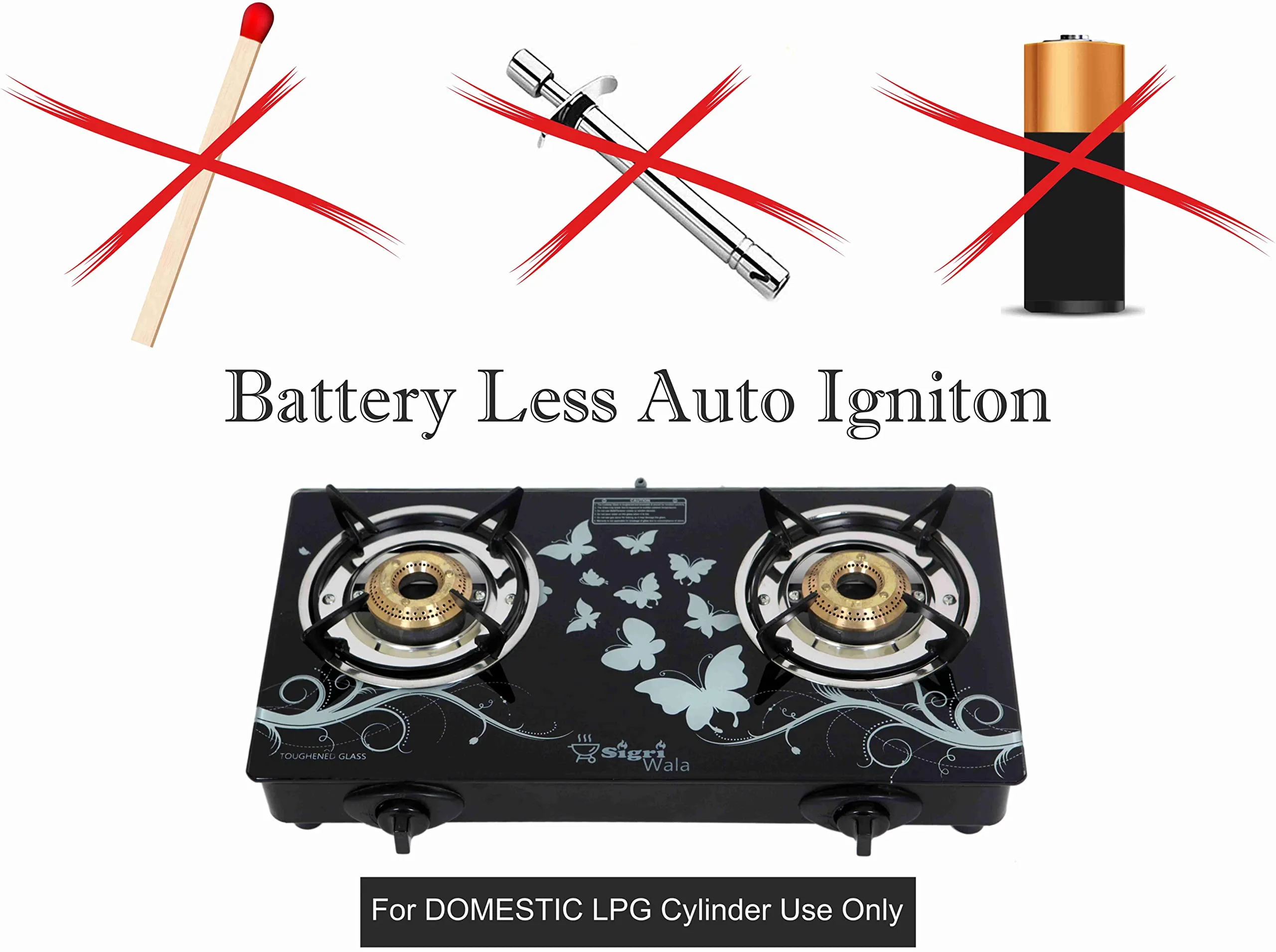 SigriWala Gas Stove 2 Burner, Auto Ignition, Thermal Tempered Glass Cooktop, LPG Compatible, Designer (ISI Certified, Door Step Service, 300 Days Warranty)
