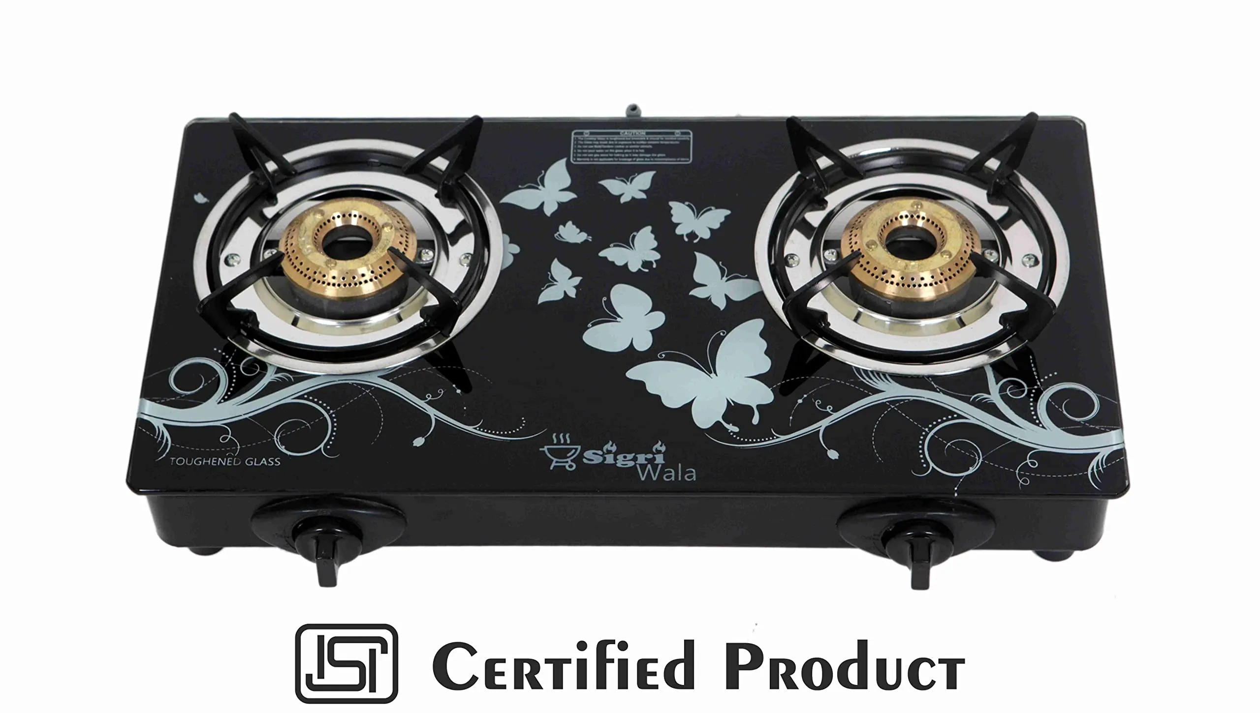 SigriWala Gas Stove 2 Burner, Auto Ignition, Thermal Tempered Glass Cooktop, LPG Compatible, Designer (ISI Certified, Door Step Service, 300 Days Warranty)