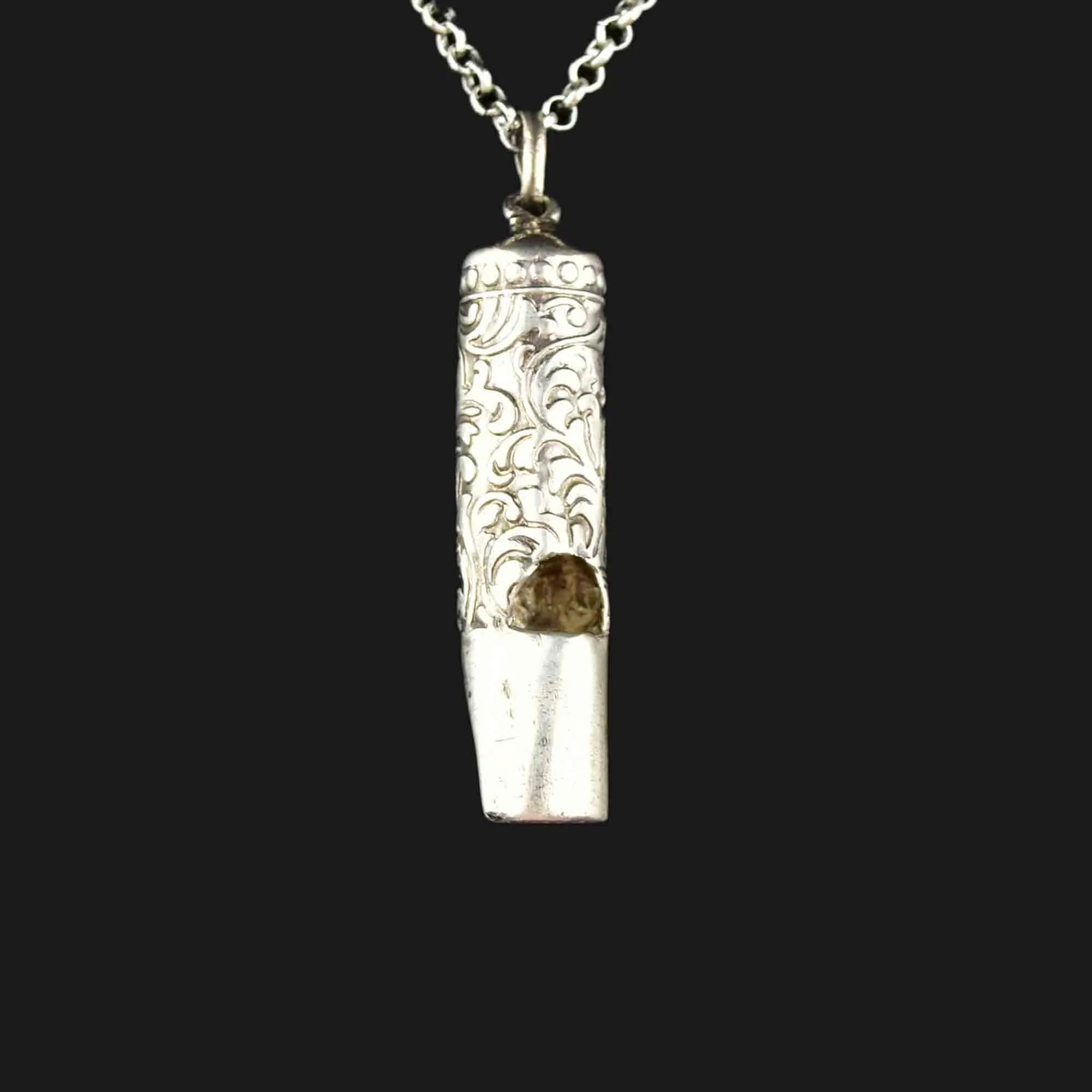 Silver Art Nouveau Working Whistle Pendant Necklace