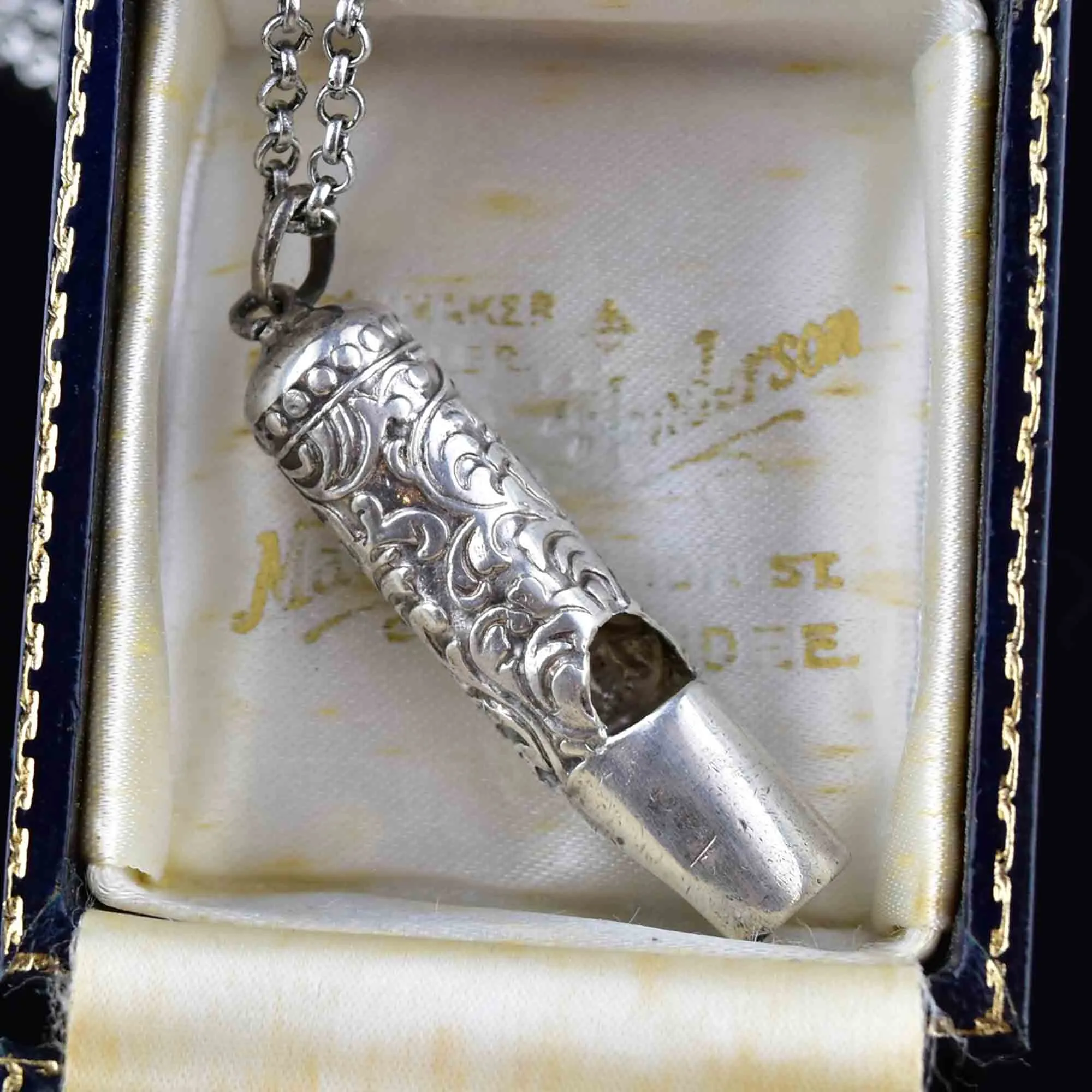 Silver Art Nouveau Working Whistle Pendant Necklace