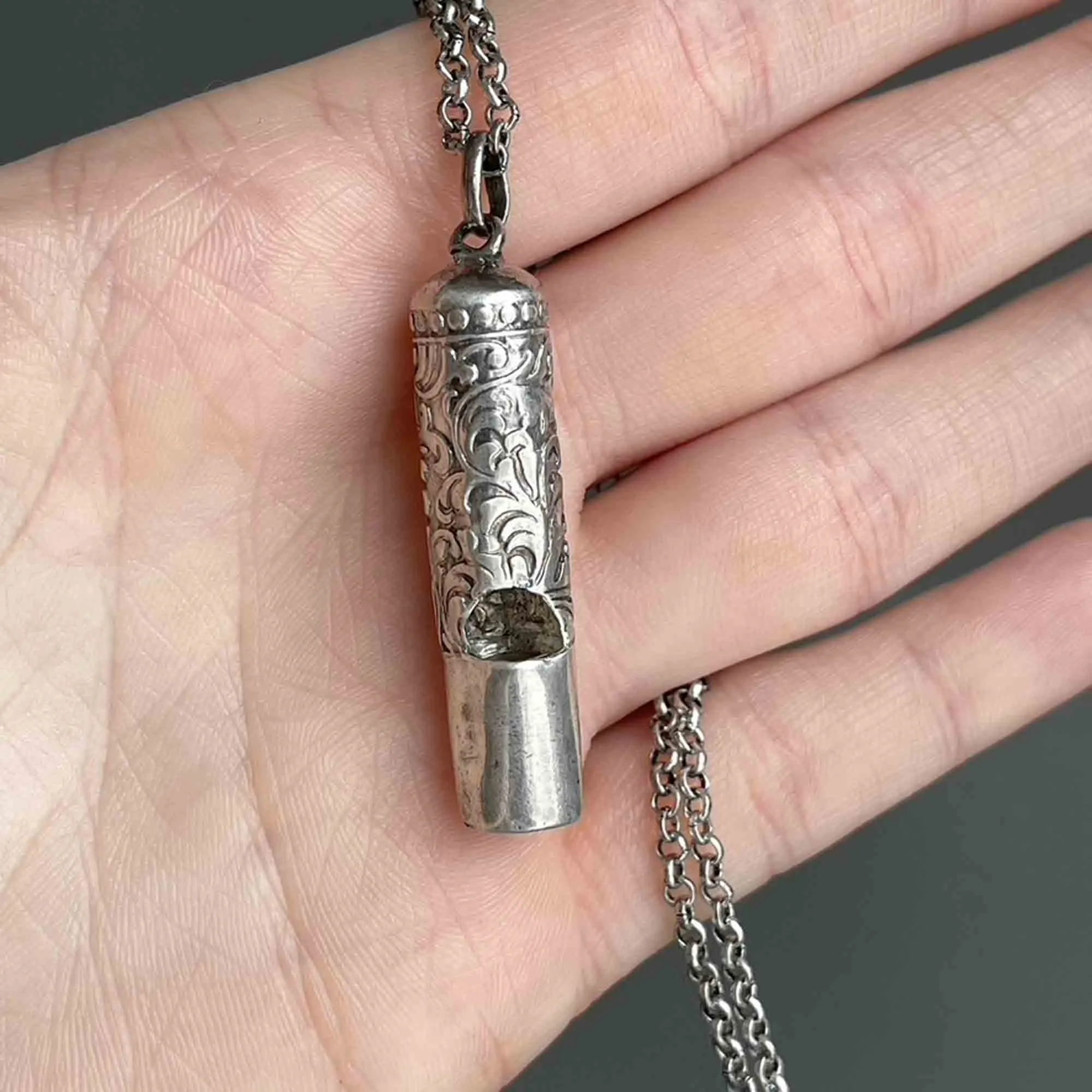 Silver Art Nouveau Working Whistle Pendant Necklace