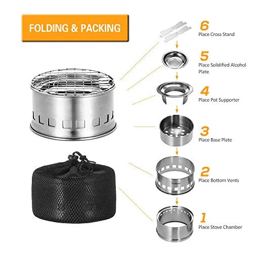 TOMSHOO Camping Stove & Backpacking Stove-Portable Folding Windproof Wood Burning Stove Compact Stainless Steel Alcohol Stove Outdoor Camping Hiking Picnic BBQ