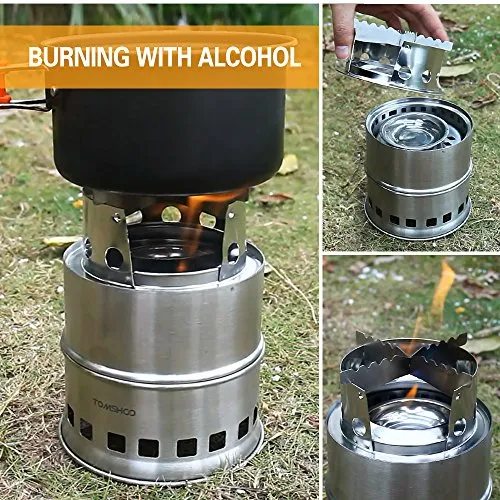 TOMSHOO Camping Stove & Backpacking Stove-Portable Folding Windproof Wood Burning Stove Compact Stainless Steel Alcohol Stove Outdoor Camping Hiking Picnic BBQ