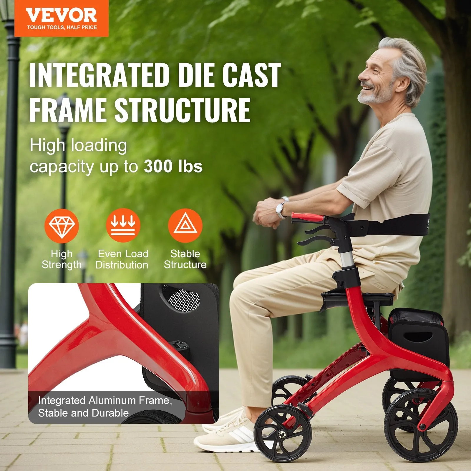 Vevor Rollator Walker Folding 300 lbs. Capacity with 4 Wheels and Storage Bag Aluminum New