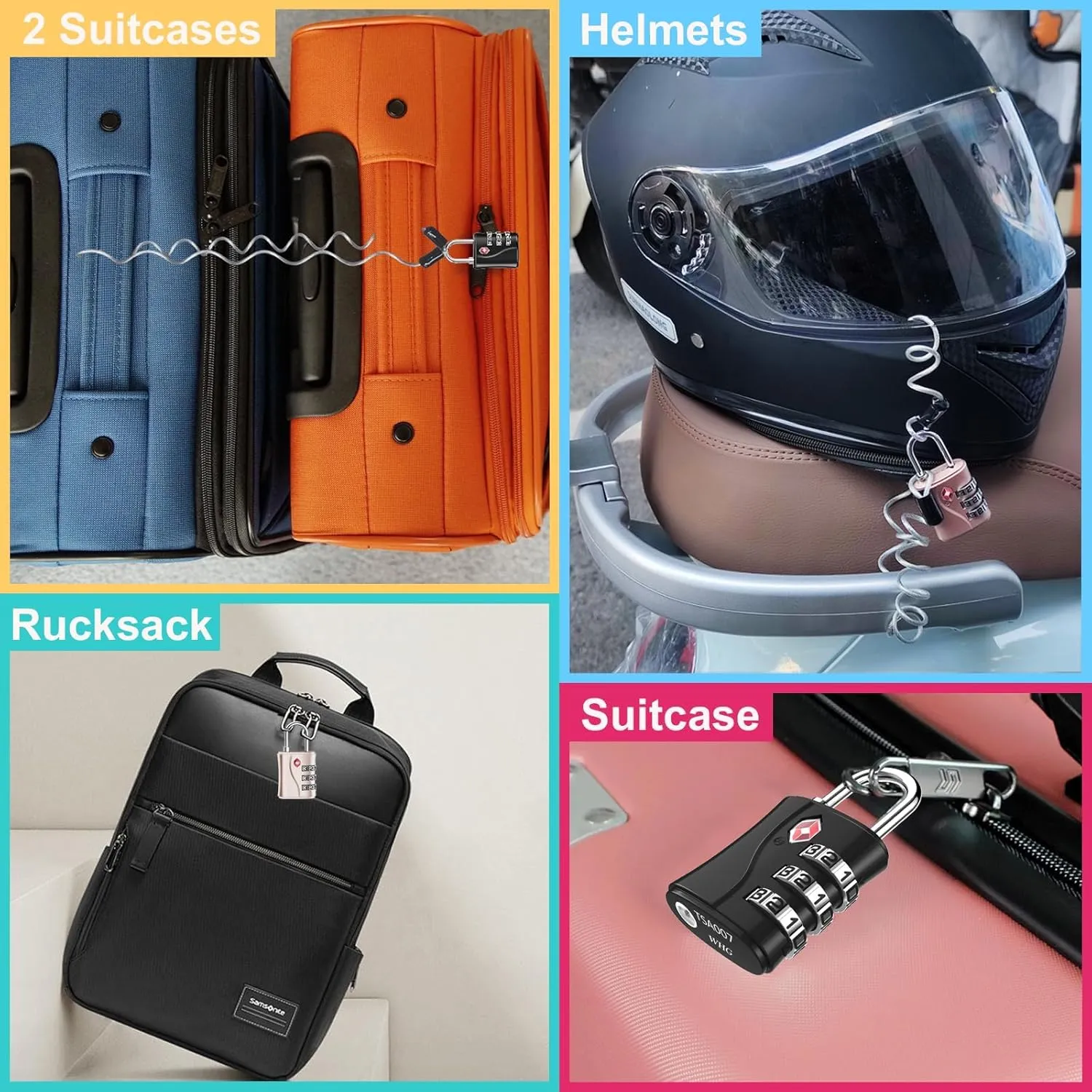 ZHEGE TSA Approved Luggage Locks, 3 Digit Travel Lock with Flexible Cable (80cm) for Suitcases, Backpack, Baggage (Black, 4 Pack)