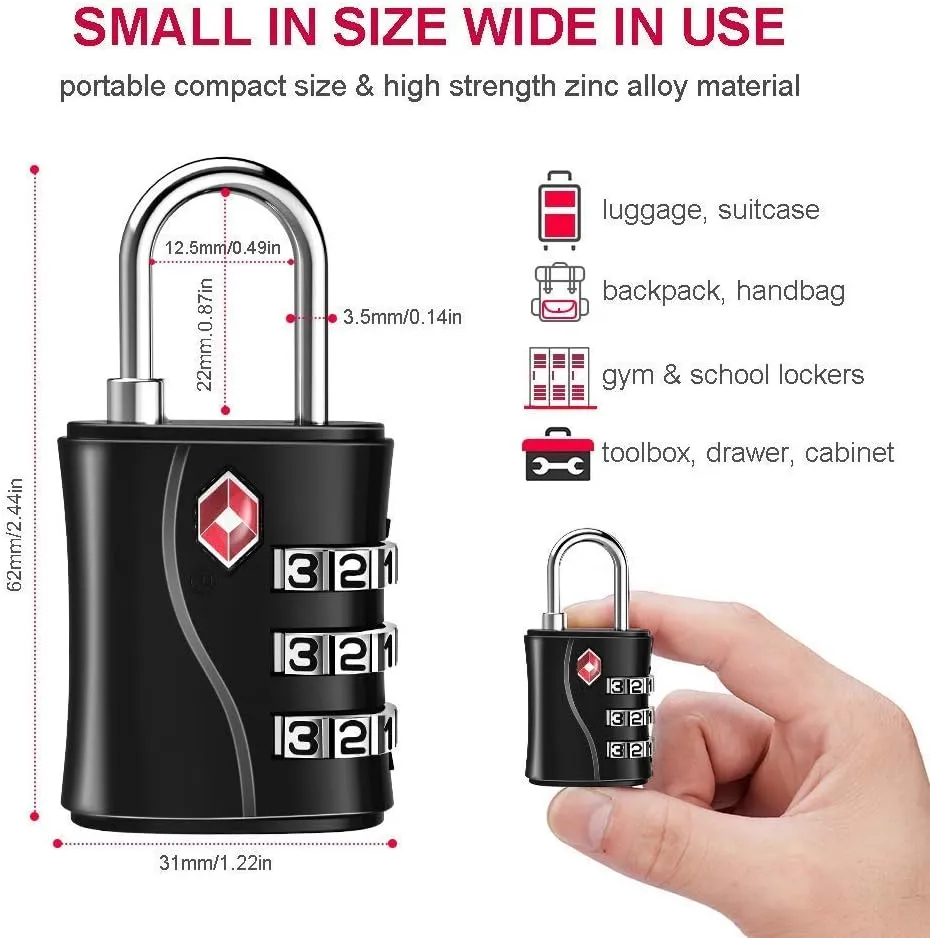 ZHEGE TSA Approved Luggage Locks, 3 Digit Travel Lock with Flexible Cable (80cm) for Suitcases, Backpack, Baggage (Black, 4 Pack)