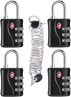 ZHEGE TSA Approved Luggage Locks, 3 Digit Travel Lock with Flexible Cable (80cm) for Suitcases, Backpack, Baggage (Black, 4 Pack)