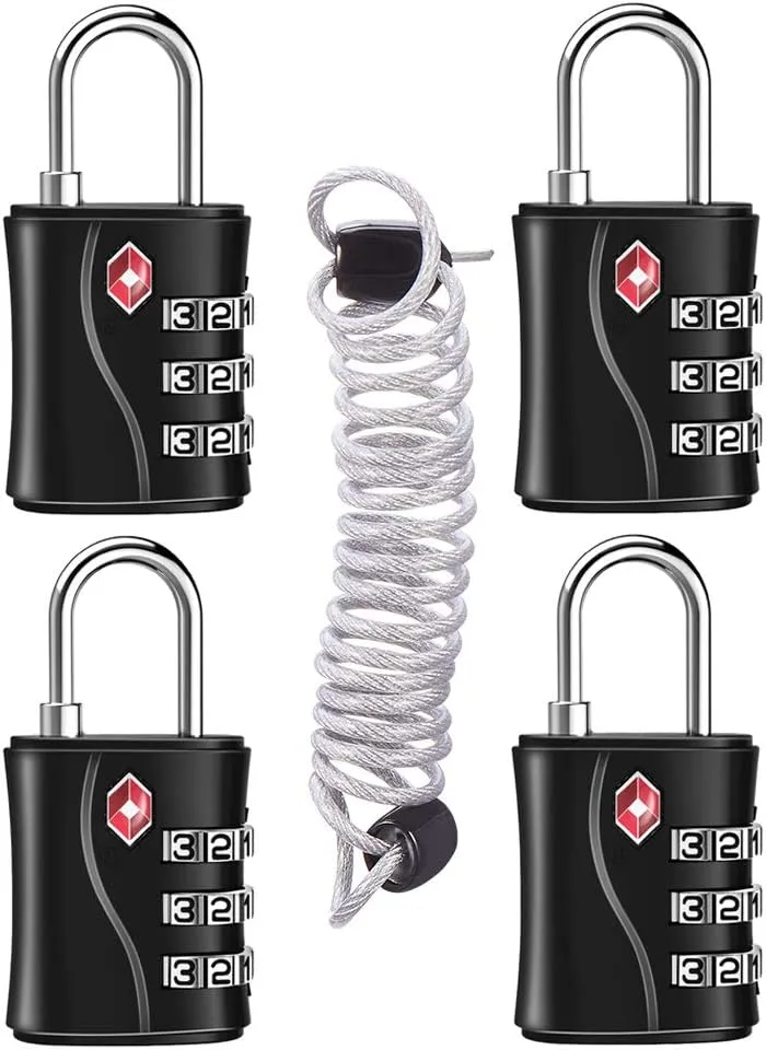 ZHEGE TSA Approved Luggage Locks, 3 Digit Travel Lock with Flexible Cable (80cm) for Suitcases, Backpack, Baggage (Black, 4 Pack)