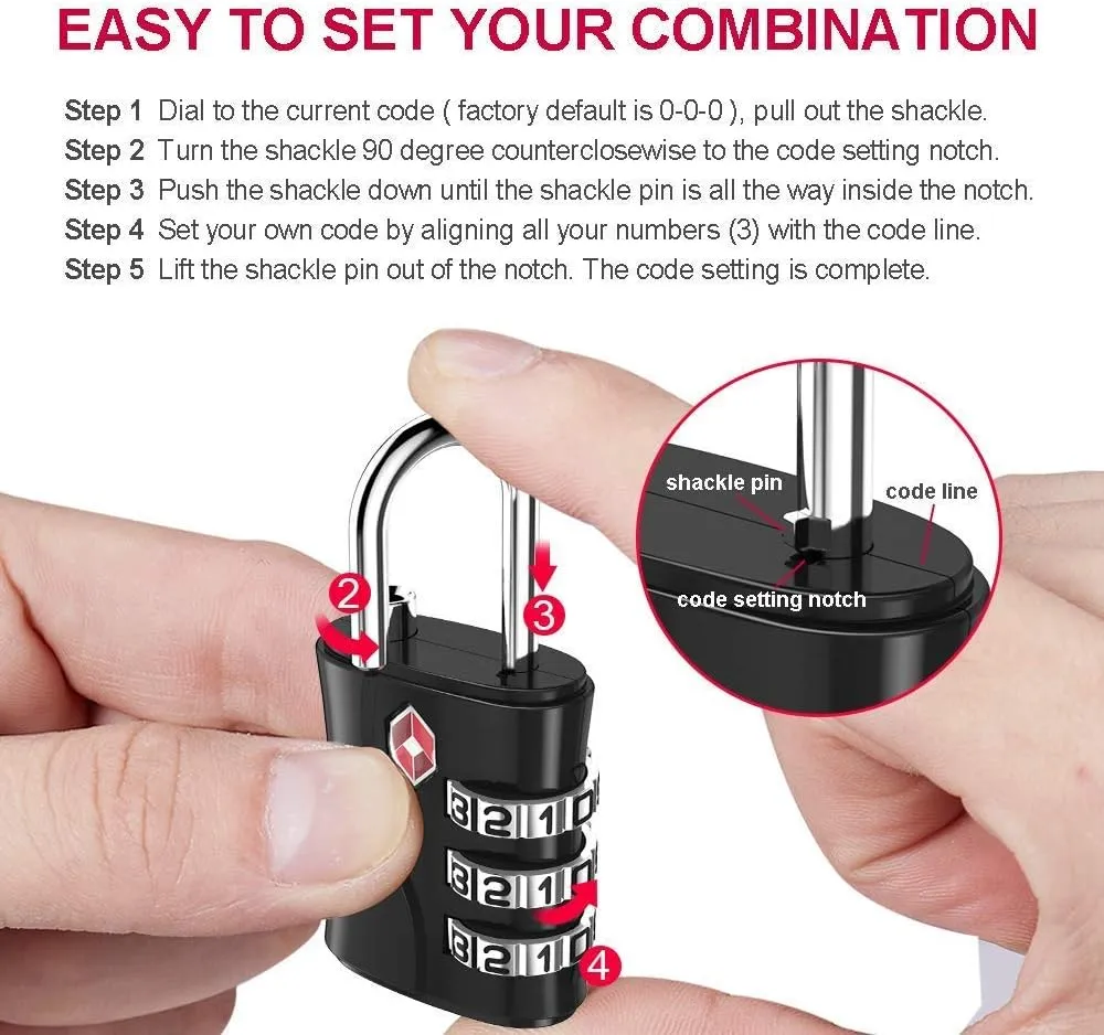 ZHEGE TSA Approved Luggage Locks, 3 Digit Travel Lock with Flexible Cable (80cm) for Suitcases, Backpack, Baggage (Black, 4 Pack)