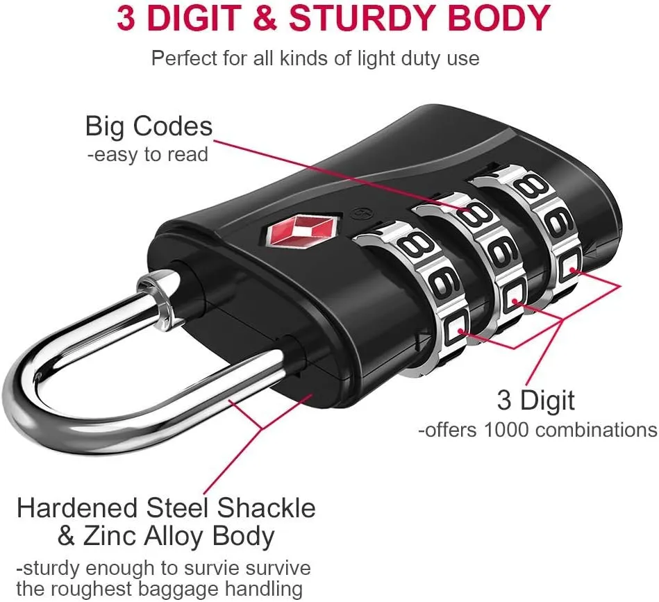 ZHEGE TSA Approved Luggage Locks, 3 Digit Travel Lock with Flexible Cable (80cm) for Suitcases, Backpack, Baggage (Black, 4 Pack)